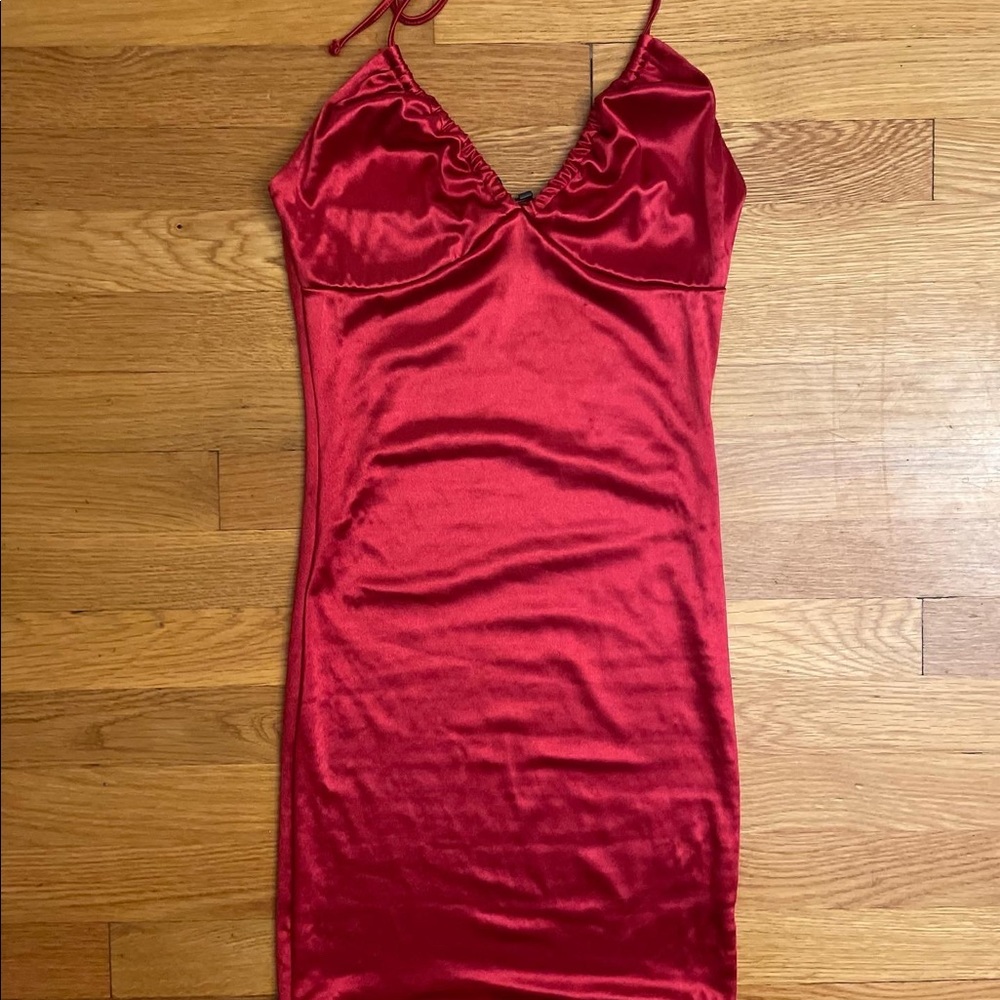 RED SATIN HALTER DRESS